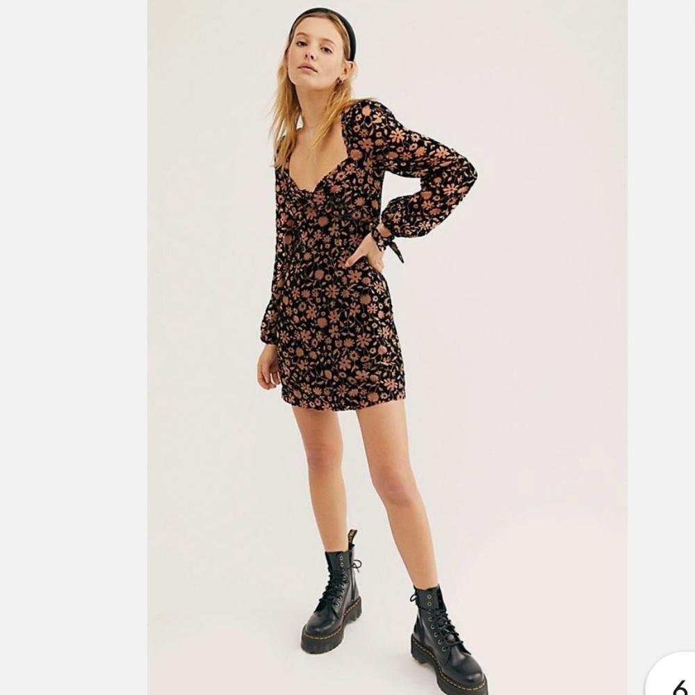 Free People Black Mini Dress with Rust Floral Print